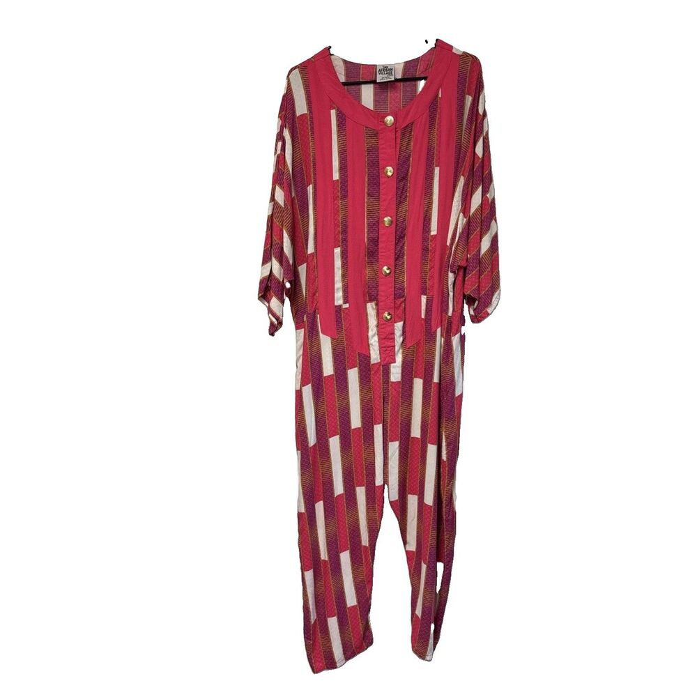 The African Village Vintage Jumpsuit Pink Gold Buttons Pockets 3/4 Sleeve OS